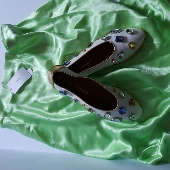 Tory Burch Crystal-Embellished Leather Flat Ballet Ivory Gold Size 9.5 - Picture 13 of 13